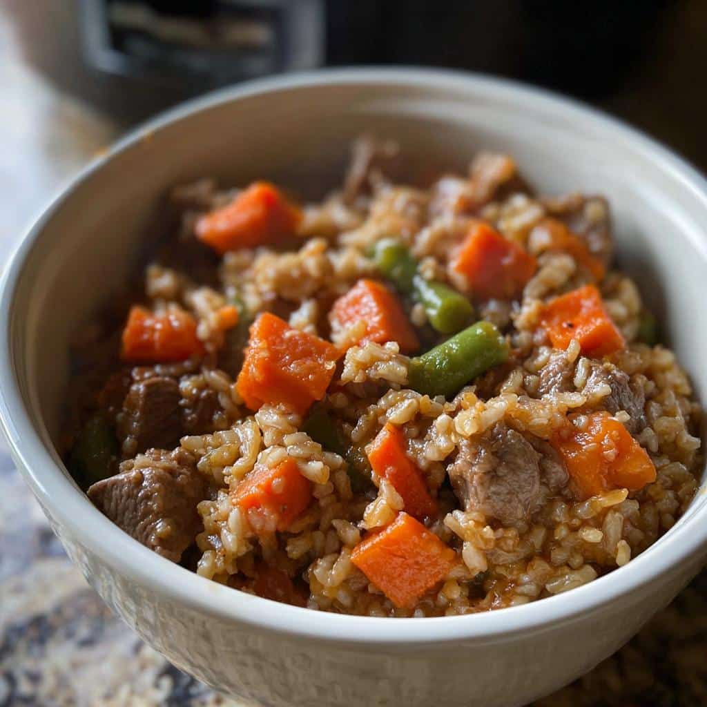 Close-up of a white bowl filled with homemade Dog Food in the Crockpot, featuring rice, beef chunks, carrots, and green beans.