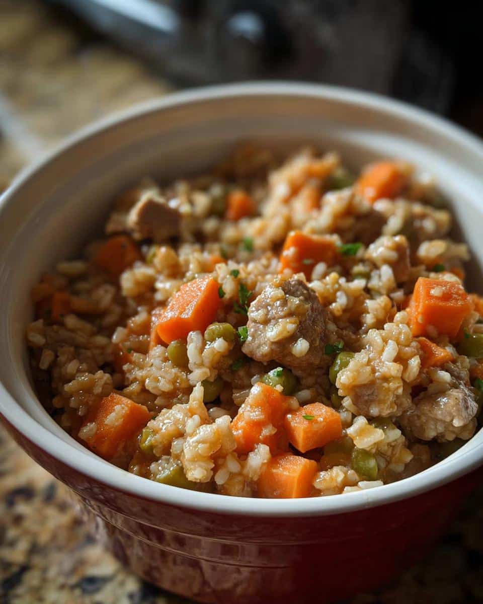 Close-up of a bowl filled with homemade Dog Food in the Crockpot, featuring rice, chunks of meat, carrots, and peas.
