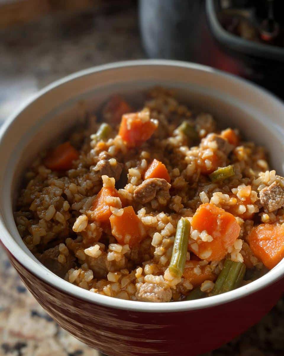 Close-up of homemade Dog Food in the Crockpot mixture with rice, chunks of meat, carrots, and green beans in a red bowl.
