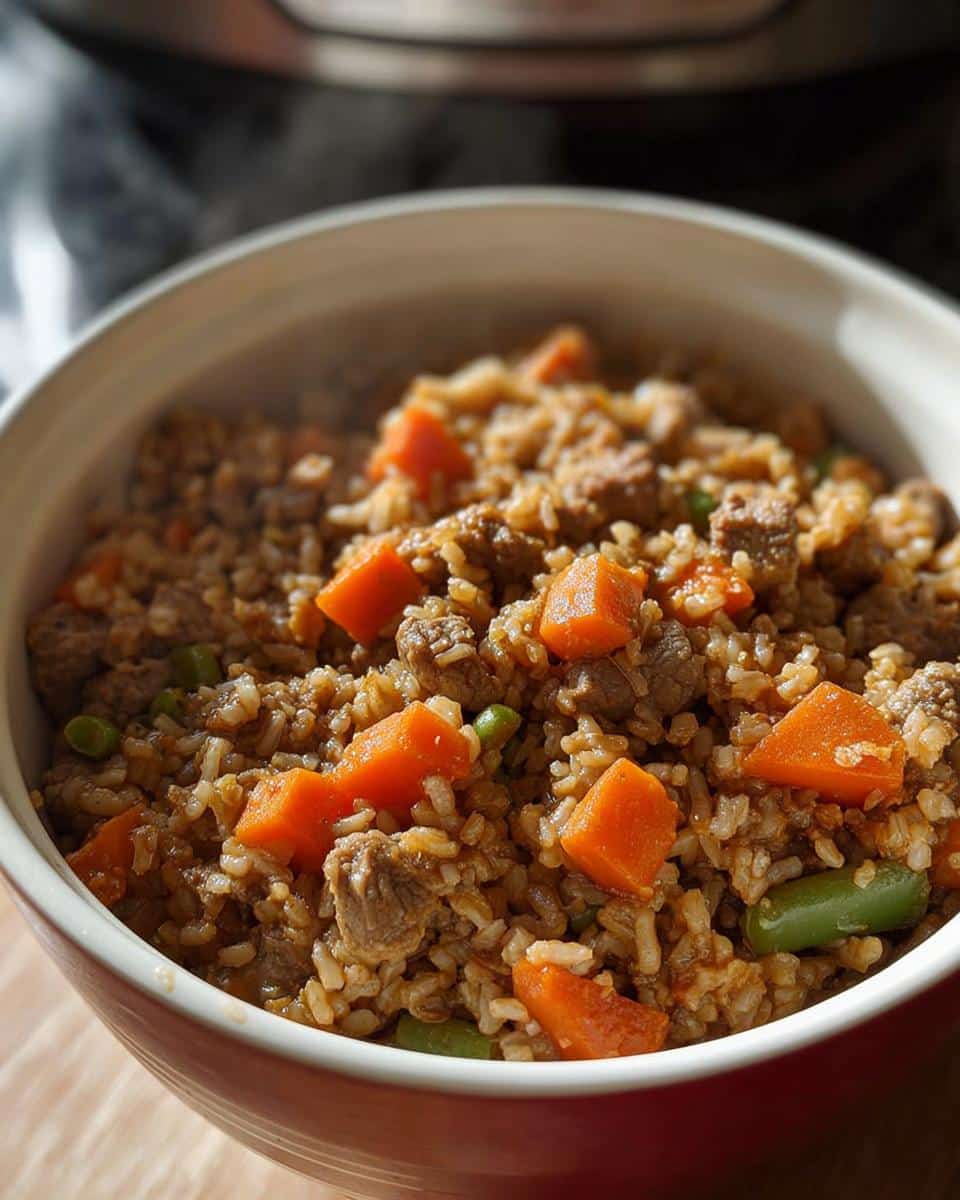 A close-up of homemade Dog Food in the Crockpot, featuring rice, chunks of meat, bright orange carrots, and green beans in a bowl.