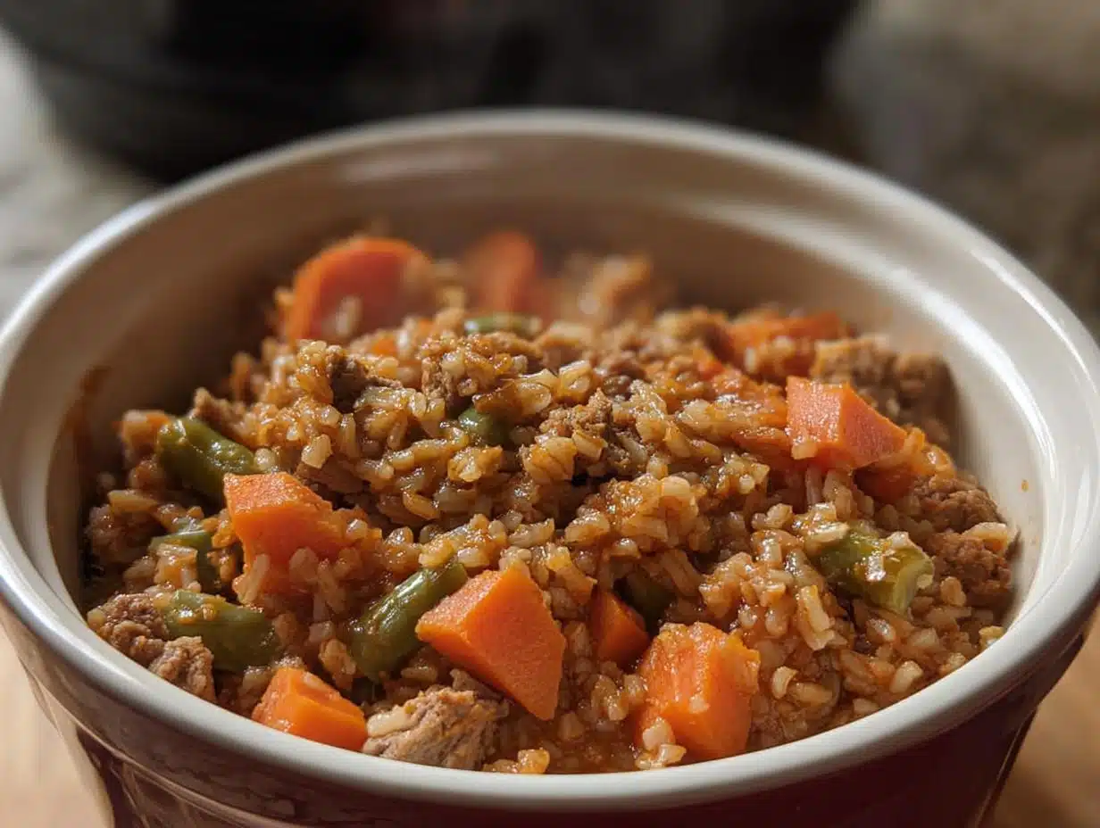 A close-up of homemade dog food in the crockpot, featuring rice, ground meat, carrots, and green beans.