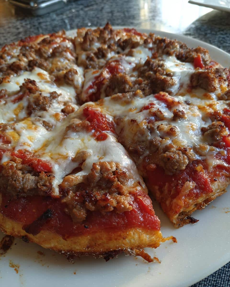 A close-up of a freshly baked Dog Friendly Pizza topped with melted cheese, tomato sauce, and crumbled sausage.