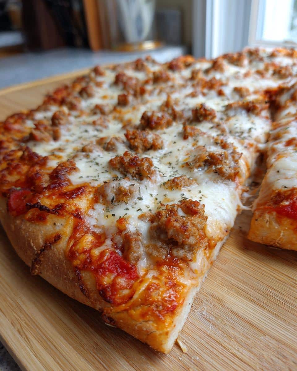 A close-up slice of Dog Friendly Pizza topped with melted cheese and crumbled sausage on a wooden board.