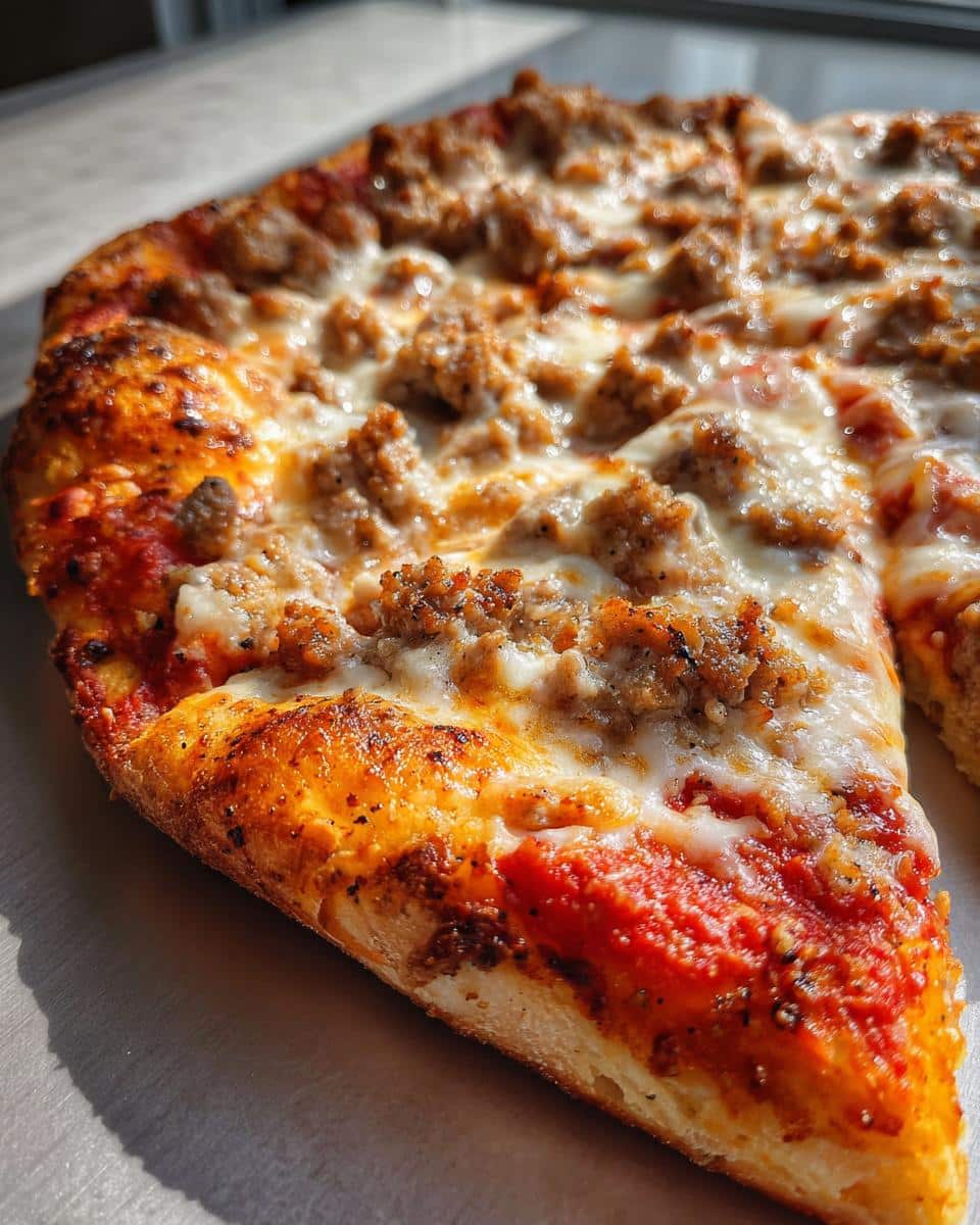 A close-up, appetizing shot of a slice of Dog Friendly Pizza topped with melted cheese and crumbled sausage.
