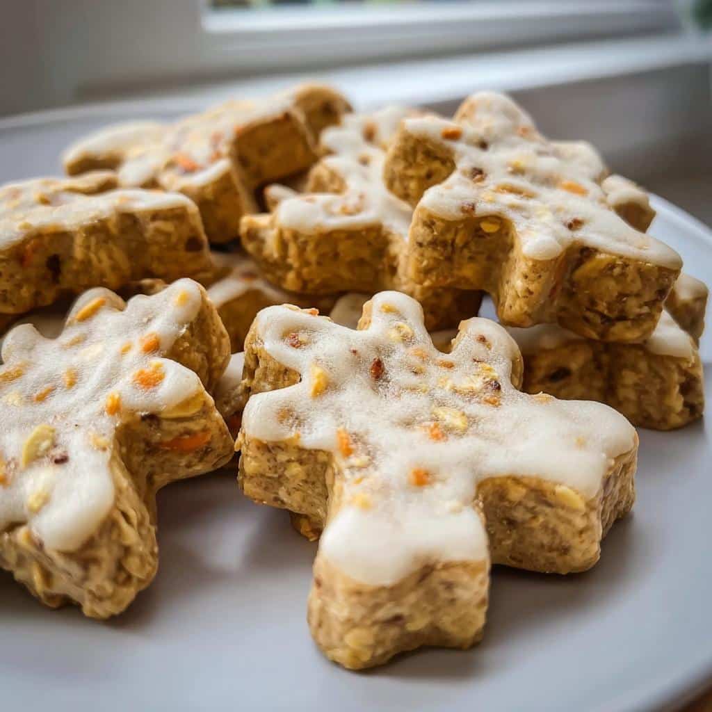 Close-up of homemade Dog Ice Cream treats shaped like gingerbread men, topped with white icing.