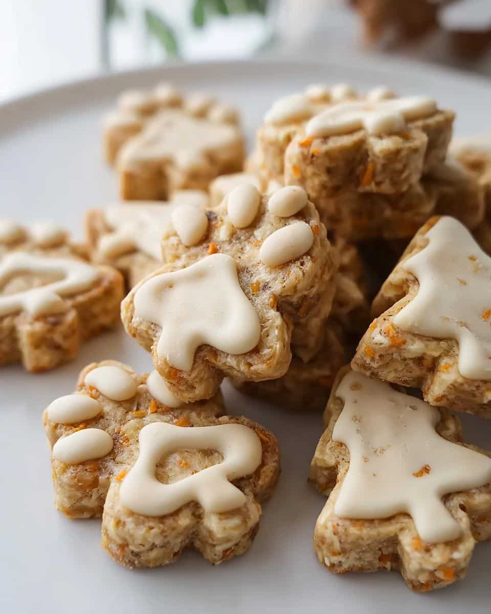 Close-up of homemade dog ice cream treats cut into paw and tree shapes, topped with white yogurt frosting.