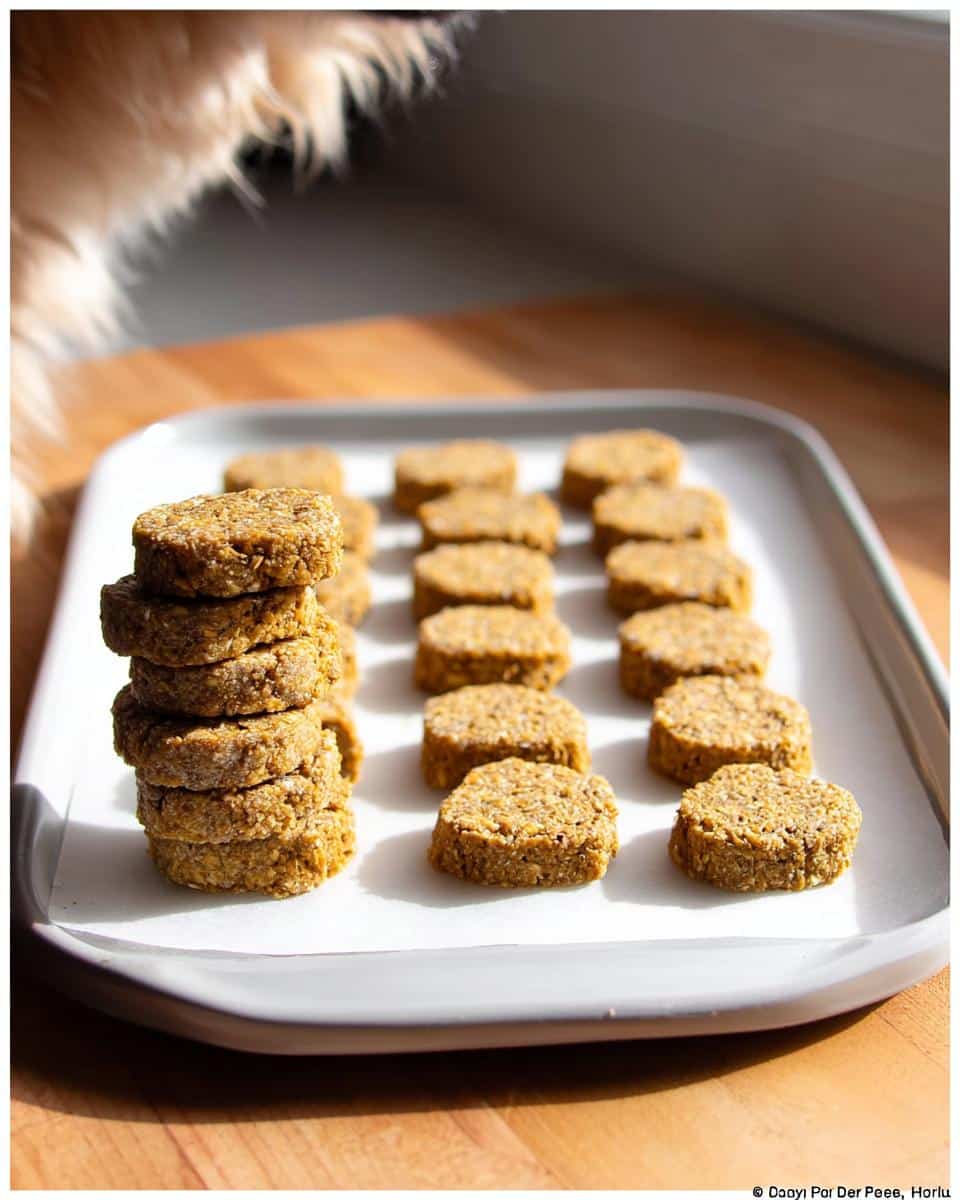 A tray of freshly baked Dog Pumpkin Peanut Butter treats, some stacked, with a dog's fur visible above.