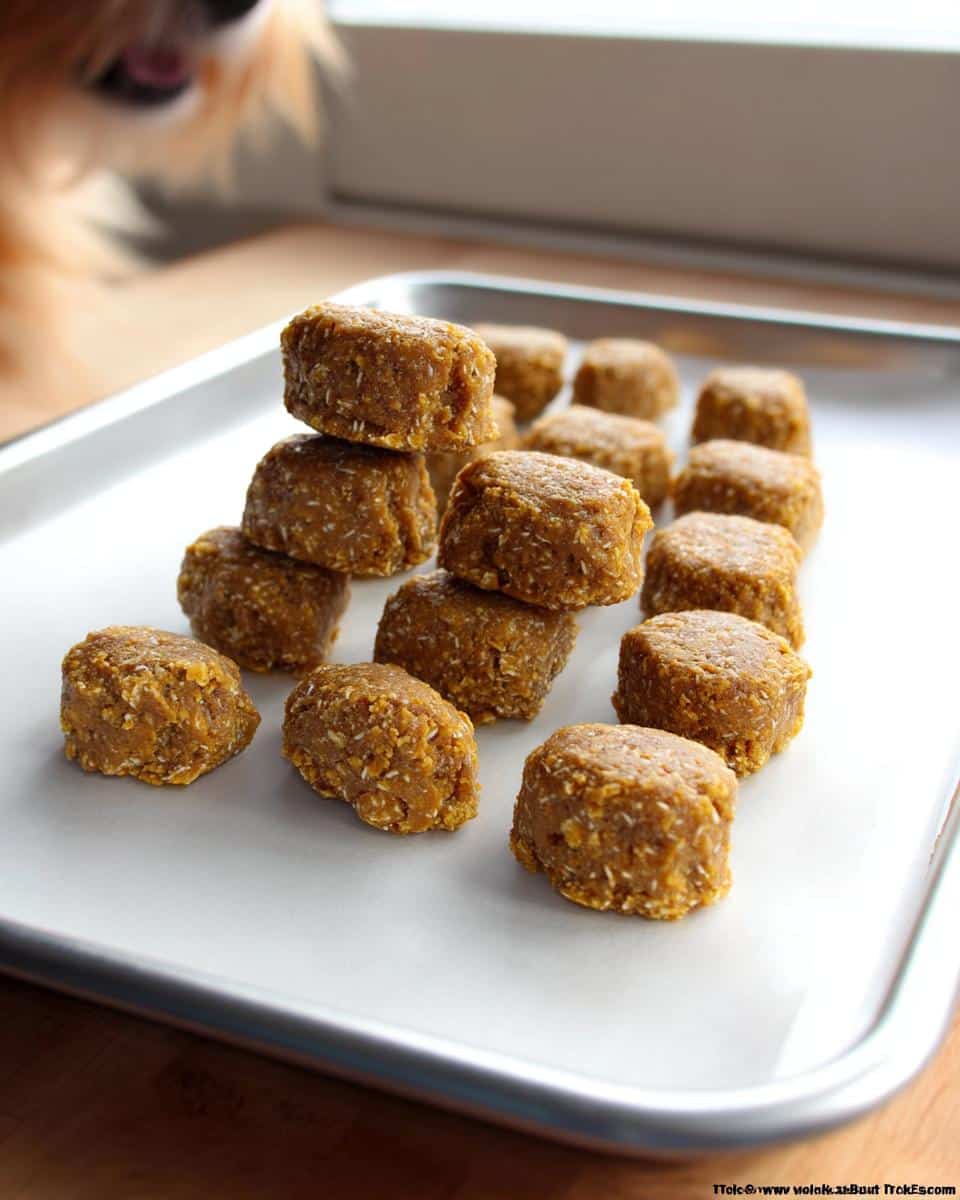 A stack of homemade Dog Pumpkin Peanut Butter treats sitting on a parchment-lined baking sheet, with a dog looking on in the background.