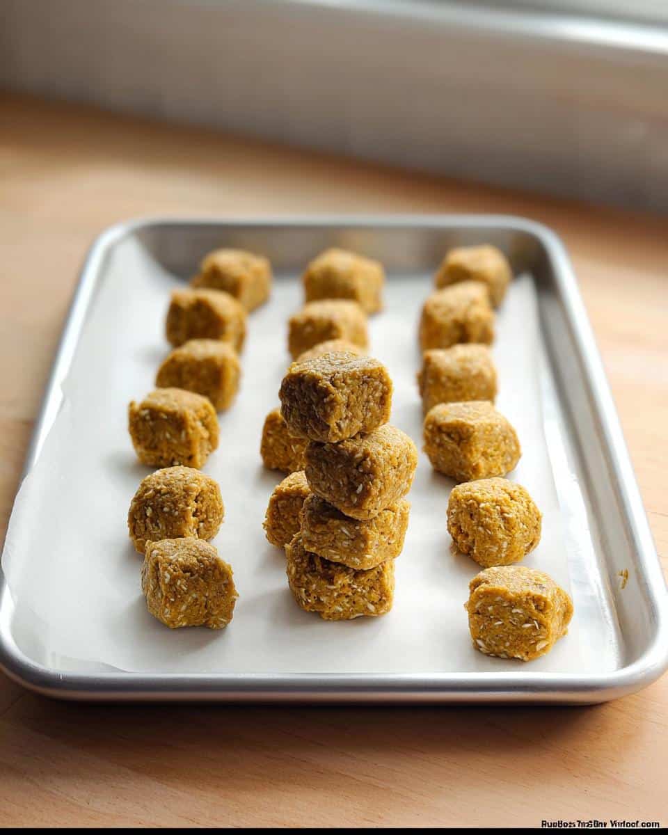 A batch of homemade Dog Pumpkin Peanut Butter treats arranged on a parchment-lined baking sheet.