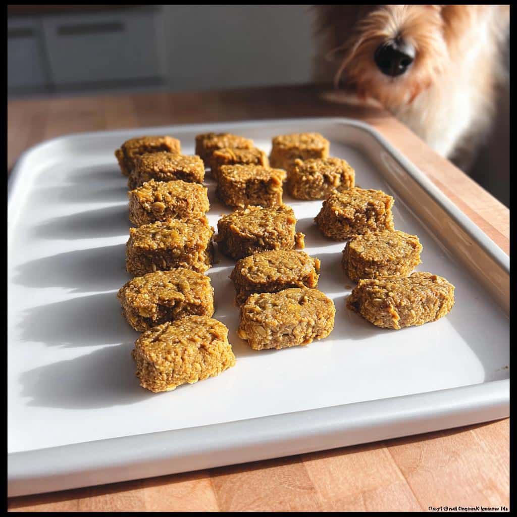 A tray of homemade Dog Pumpkin Peanut Butter treats with a curious dog looking on in the background.