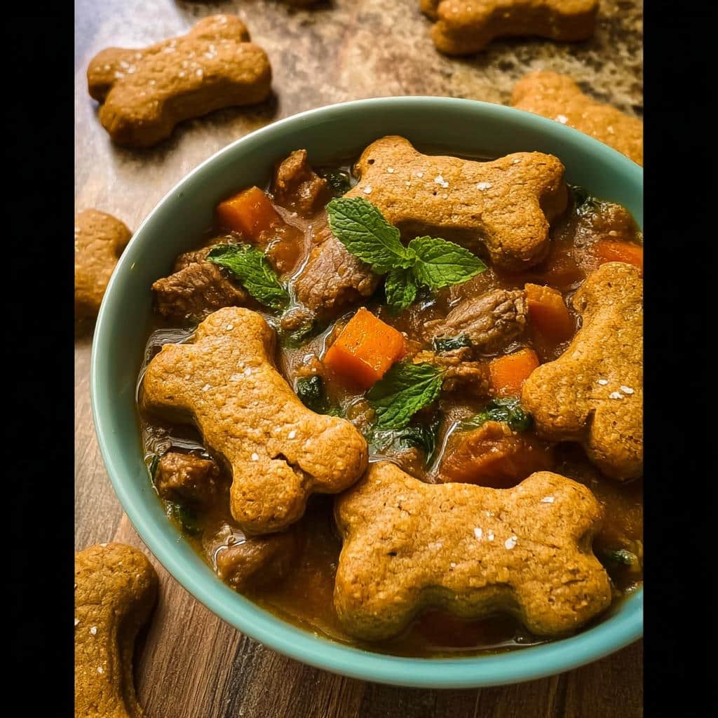 A turquoise bowl filled with savory dog stew, topped with bone-shaped biscuits, resembling a Whitefish Potato Gentle Dog Bowl.