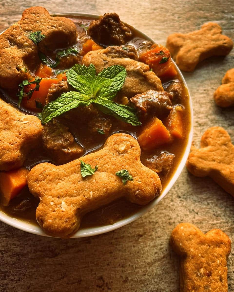 A bowl of dog stew with chunks of meat and sweet potato, topped with bone-shaped biscuits, perfect for a Whitefish Potato Gentle Dog Bowl.