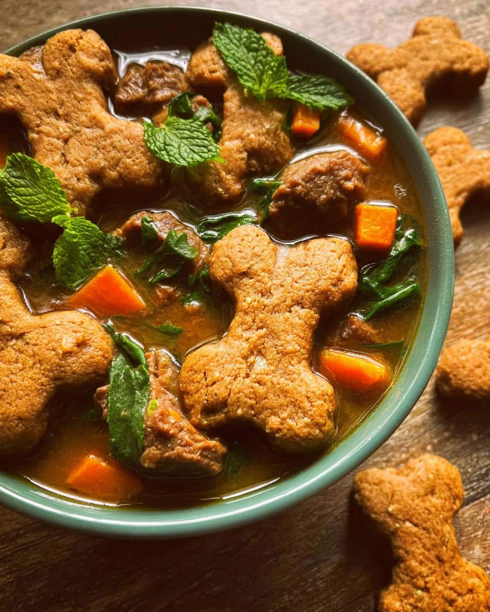 Overhead view of a dog stew featuring chunks of meat, carrots, spinach, and bone-shaped biscuits, topped with mint.