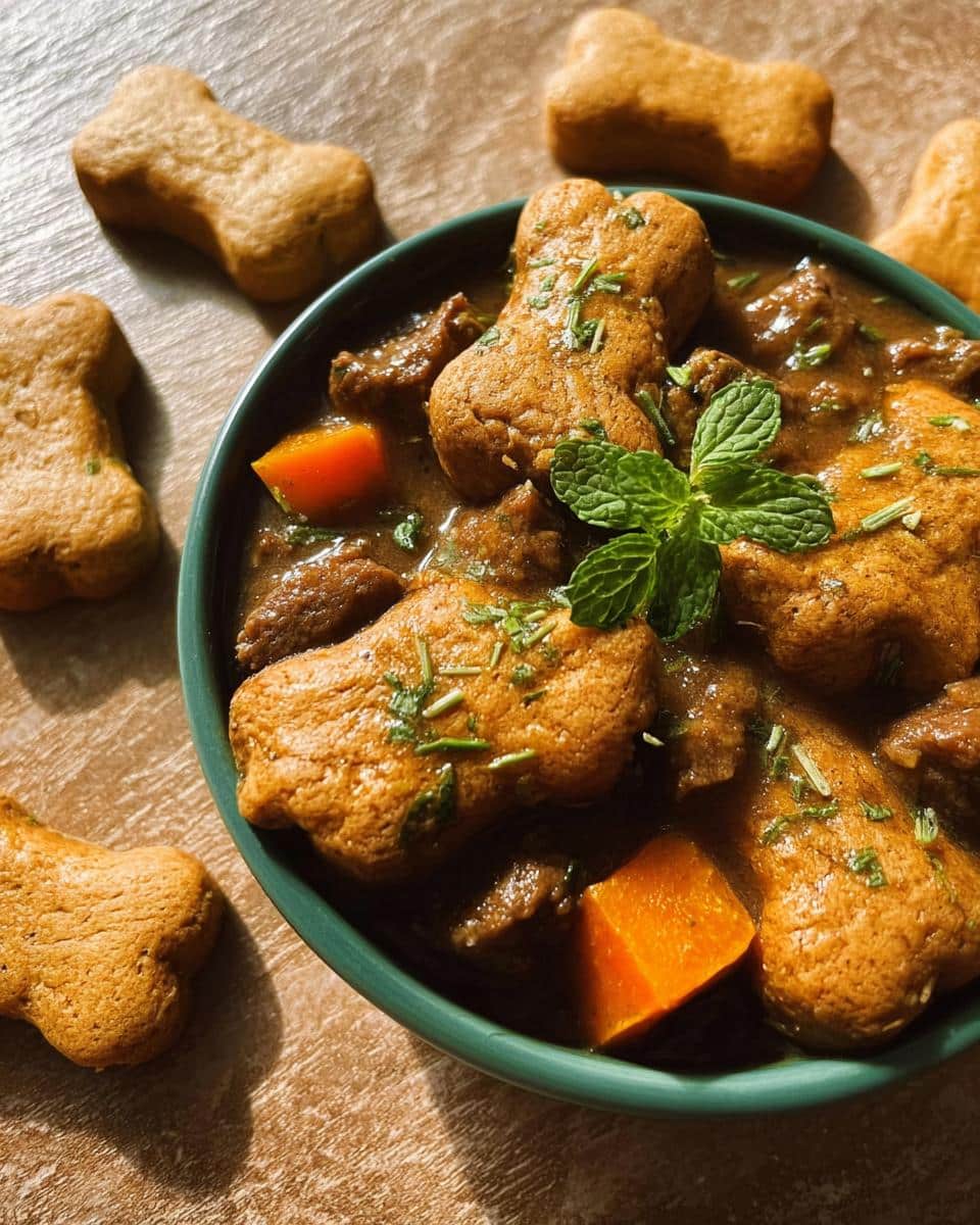 A bowl of rich dog stew featuring chunks of sweet potato and bone-shaped potato dumplings, garnished with mint, resembling a Whitefish Potato Gentle Dog Bowl.