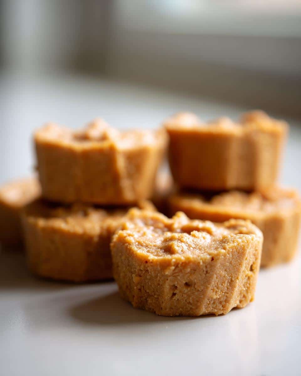 Close-up of several peanut butter colored dog treats using silicone mold, stacked on a light surface.