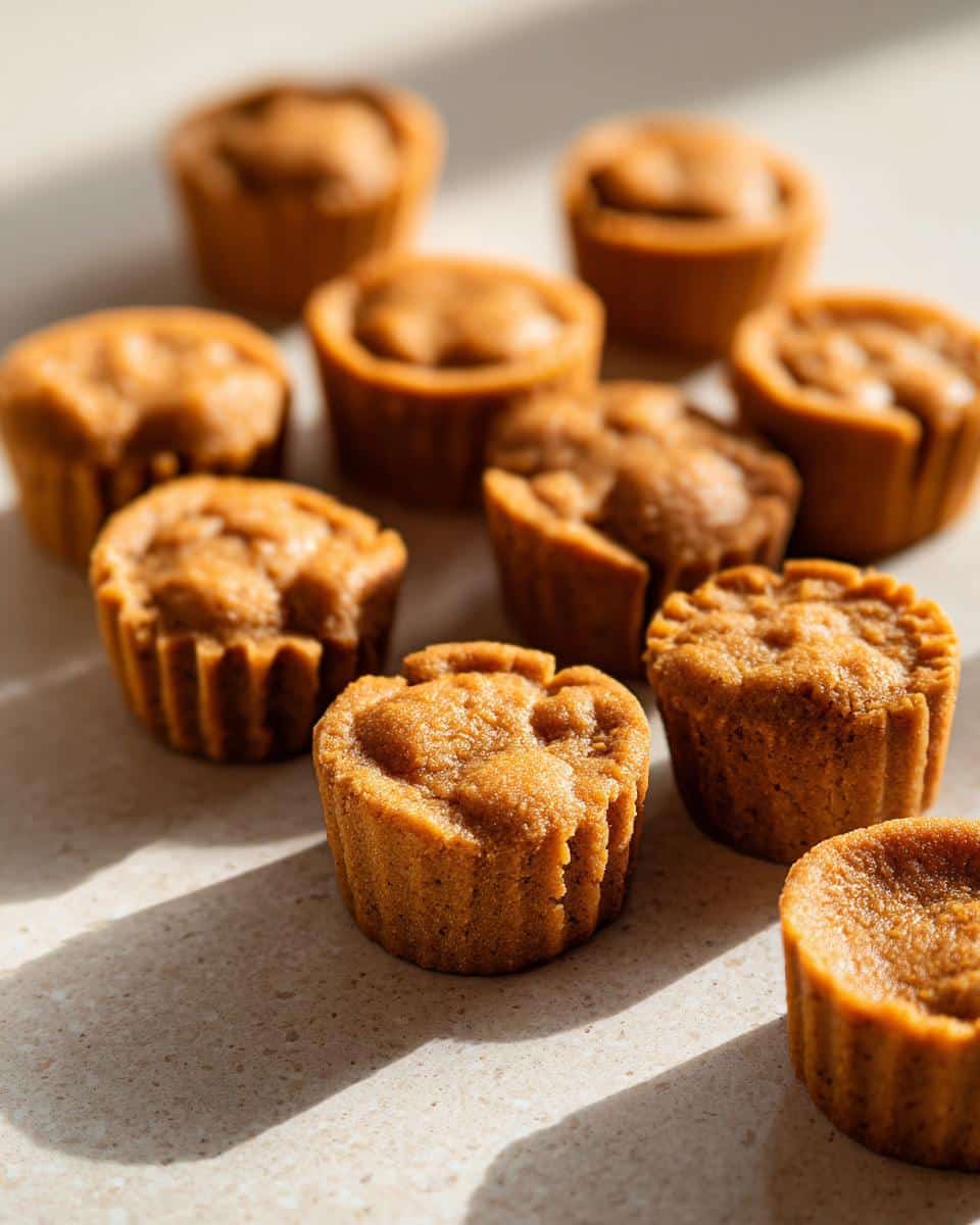 Several freshly baked, golden-brown dog treats using silicone mold scattered on a light countertop.