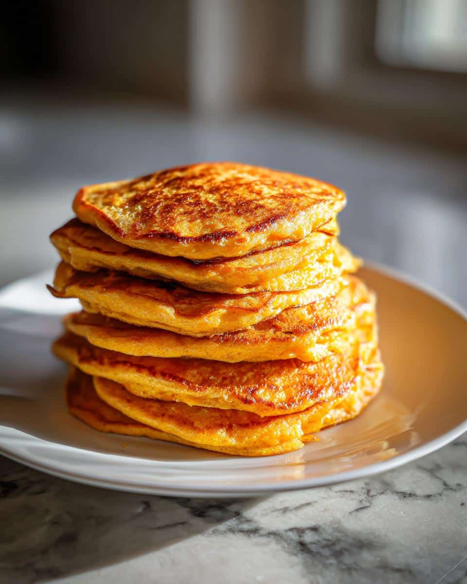 A tall stack of golden, fluffy Egg & Pumpkin Pancakes served on a white plate.