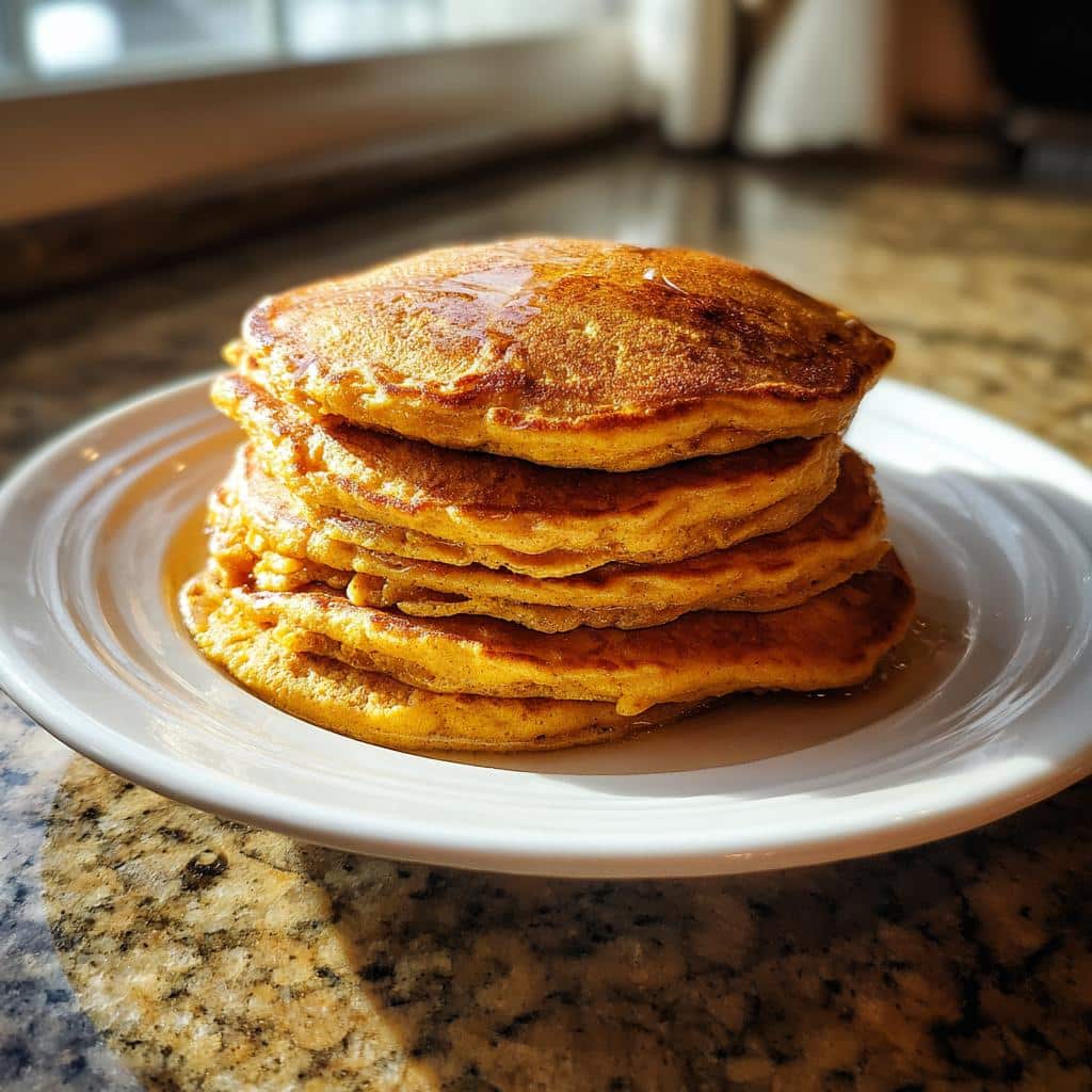 A tall stack of five fluffy Egg & Pumpkin Pancakes drizzled with syrup on a white plate.