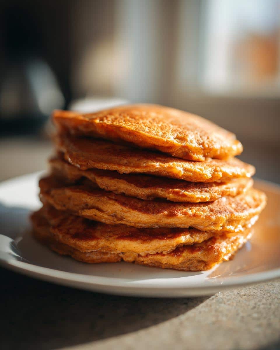 A tall stack of fluffy, orange-hued Egg & Pumpkin Pancakes resting on a white plate.