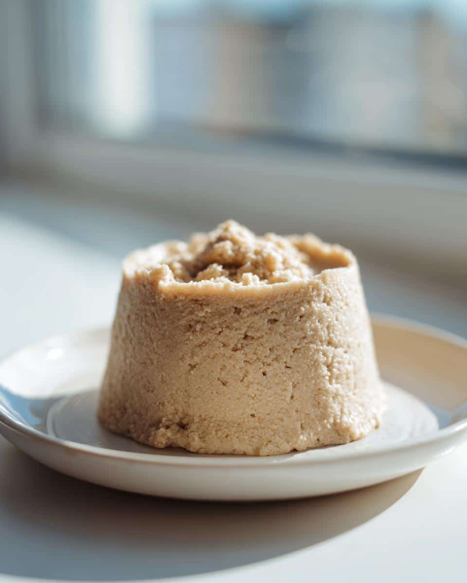 A molded portion of homemade Egg, Rice & Kefir Pâté For Dogs sitting on a small white plate.