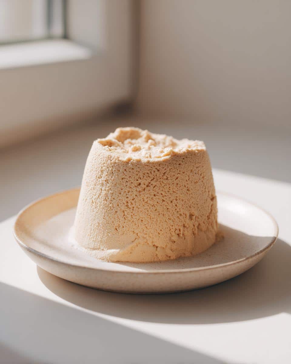 A molded, light brown, textured portion of homemade Egg, Rice & Kefir Pâté For Dogs sitting on a speckled ceramic plate.