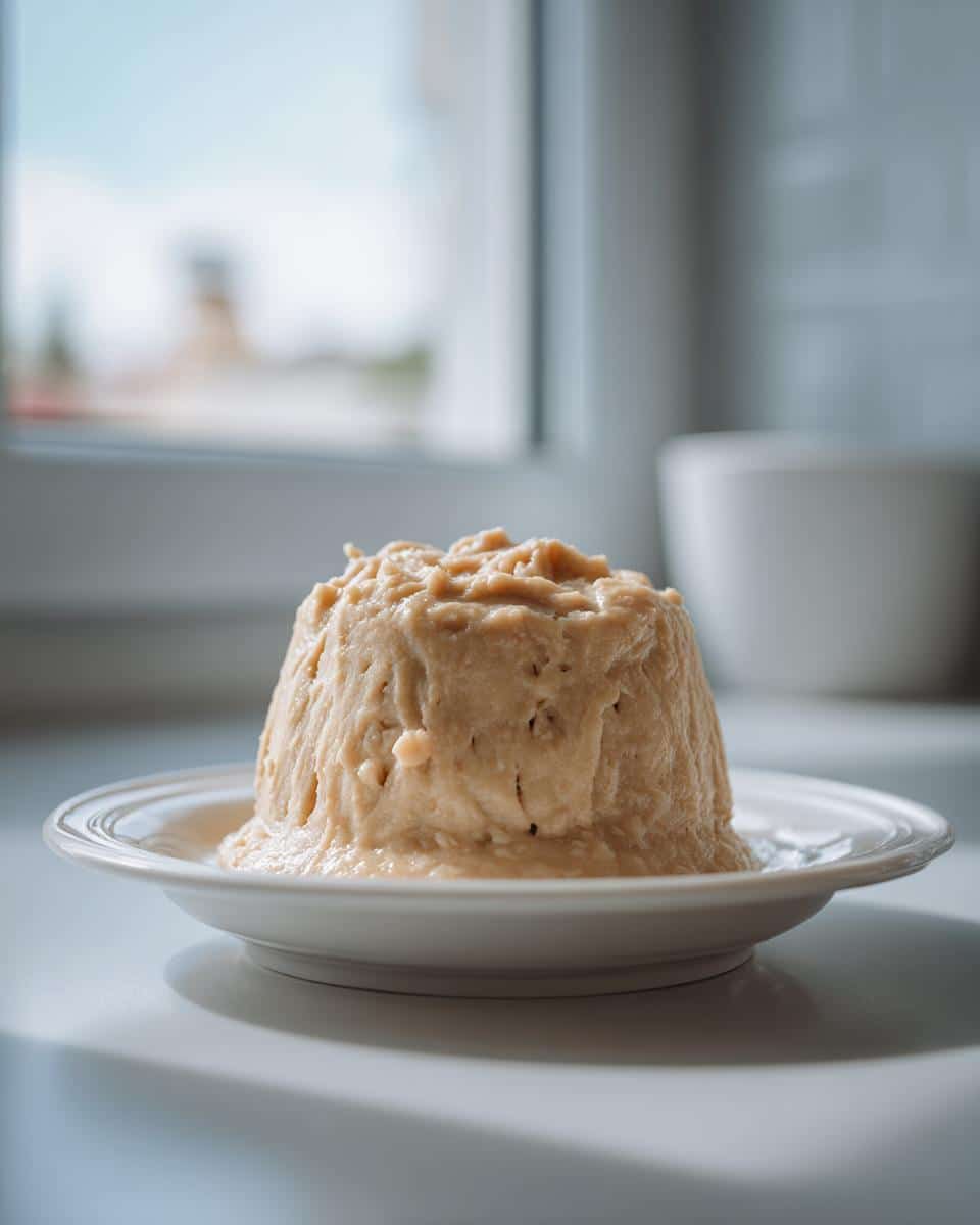 A molded portion of homemade Egg, Rice & Kefir Pâté For Dogs sitting on a small white plate near a window.
