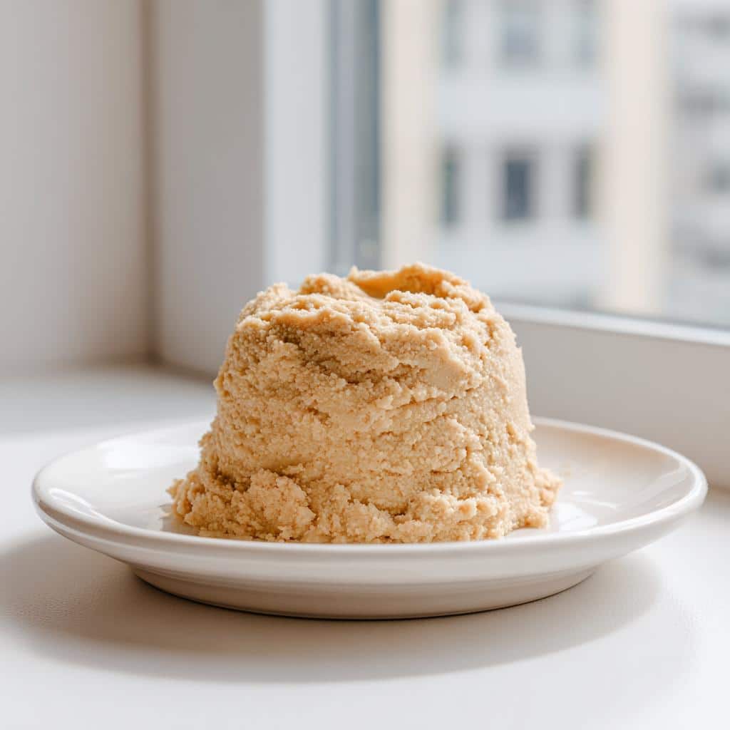 A molded portion of homemade Egg, Rice & Kefir Pâté For Dogs served on a small white plate near a window.
