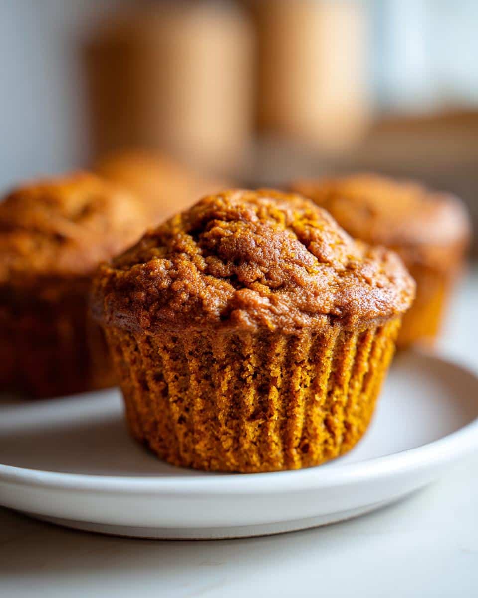 A close-up of a perfectly baked, moist pumpkin yums muffin sitting on a white plate.