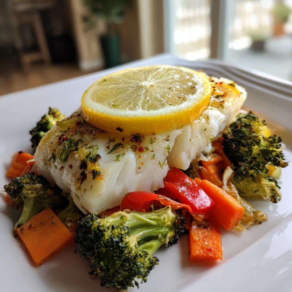 A perfectly cooked white fish fillet served over roasted broccoli, carrots, and red peppers, topped with a lemon slice for a Fish and Veggie Delight.
