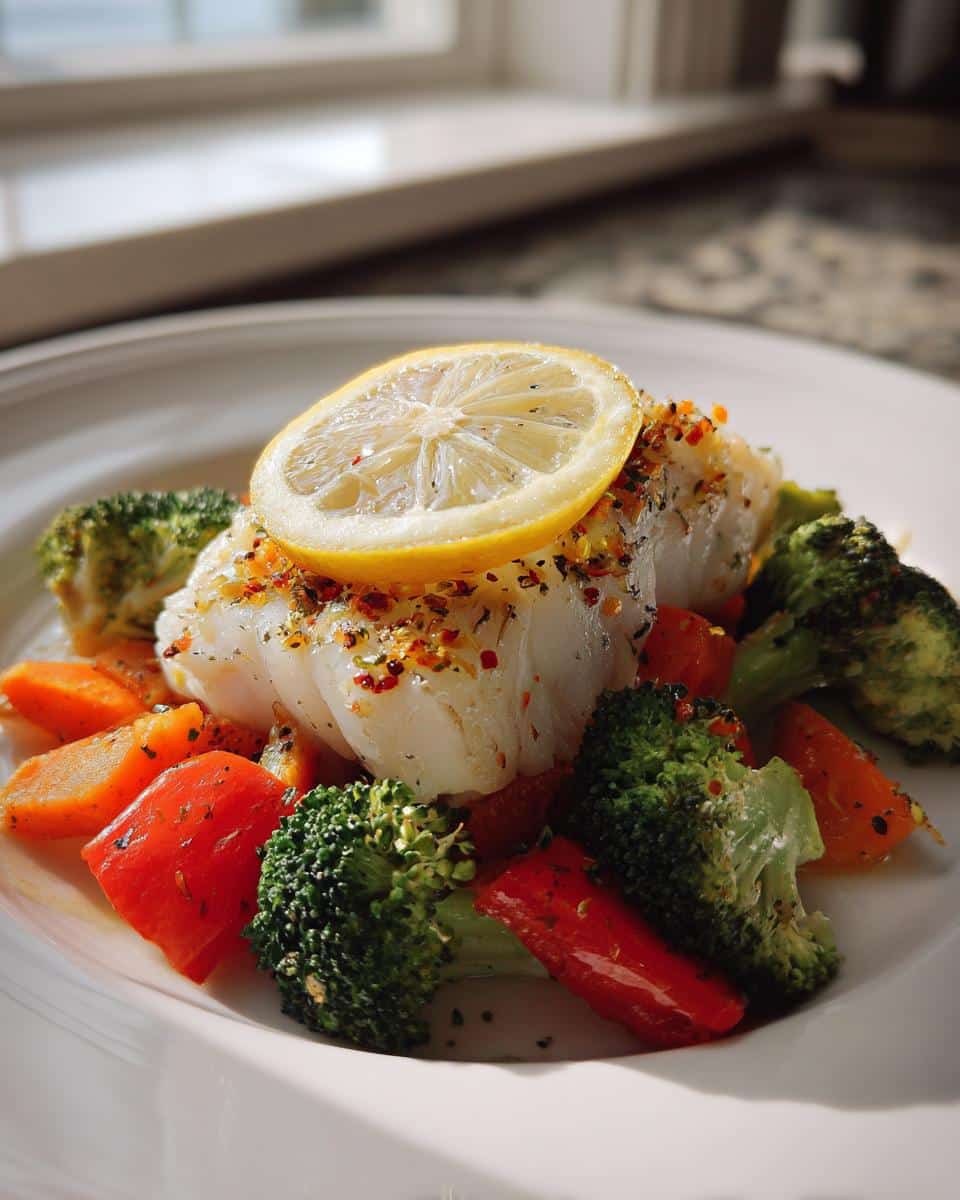A serving of flaky white fish with steamed broccoli, carrots, and red pepper, topped with a lemon slice for the Fish and Veggie Delight.