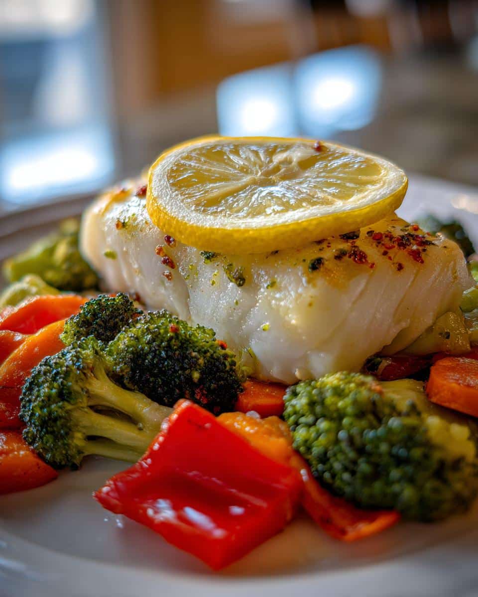 Close-up of flaky white fish topped with a lemon slice, served with steamed broccoli, carrots, and red peppers for a Fish and Veggie Delight.