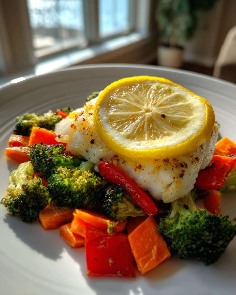 A serving of Fish and Veggie Delight featuring a white fish fillet topped with a lemon slice, surrounded by roasted broccoli, carrots, and red peppers.