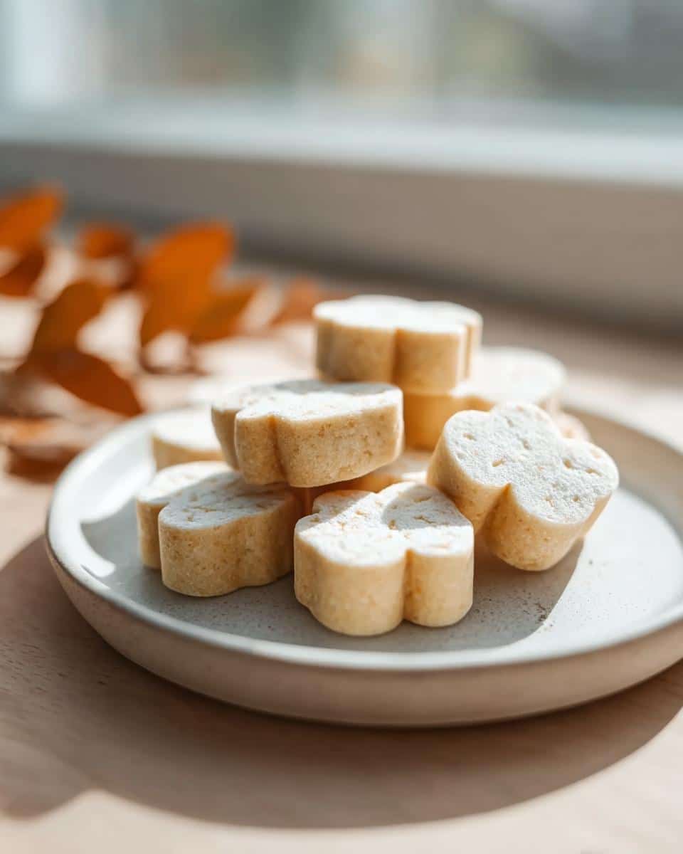 A stack of homemade, flower-shaped yogurt dog treats dusted lightly with powder on a small ceramic plate.