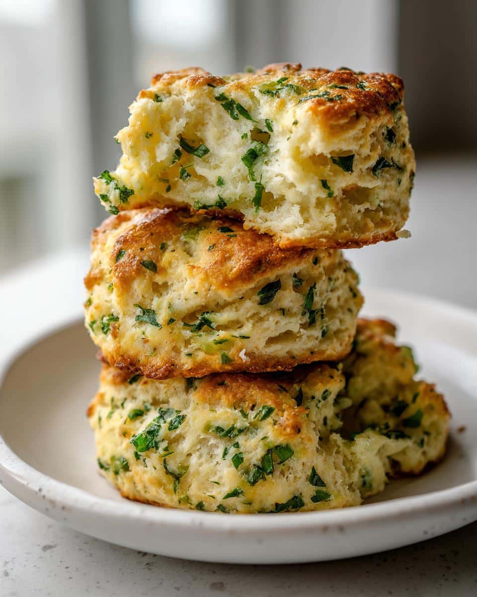 Close-up of three stacked, golden-brown Mint and parsley biscuits, showing the fluffy interior flecked with green herbs.