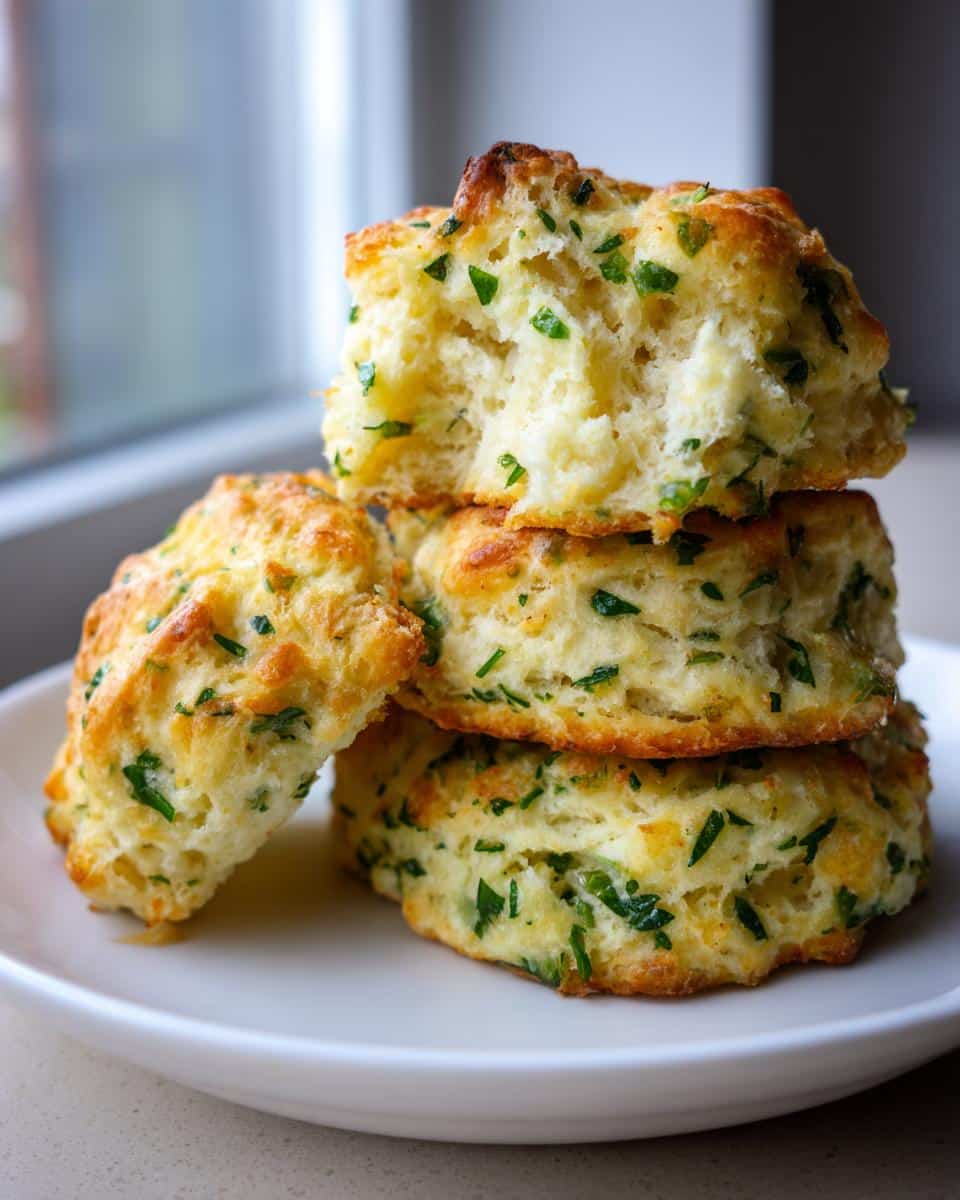 A stack of four fluffy, golden-brown Mint and parsley biscuits, one broken open to show the soft interior flecked with green herbs.