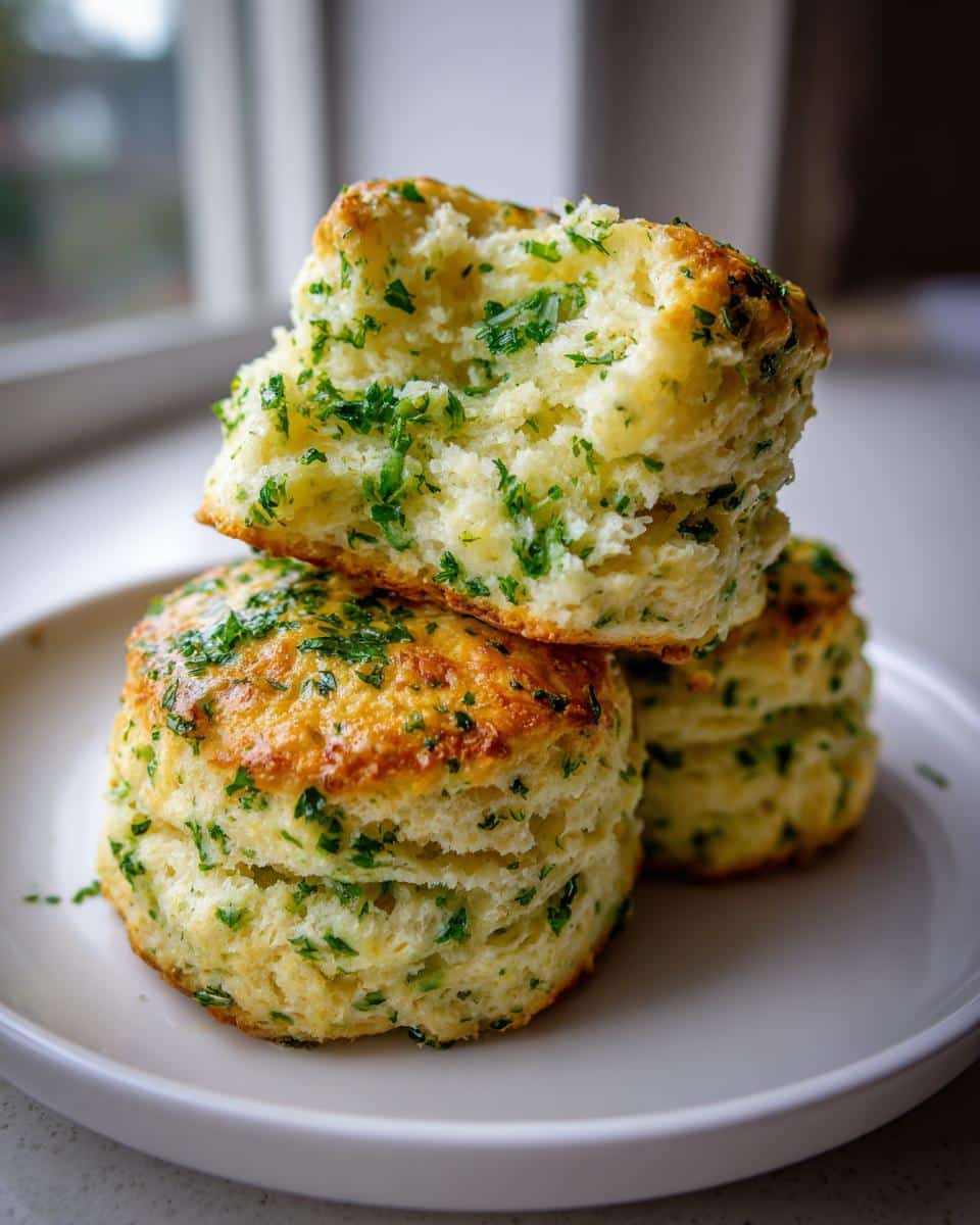 Close-up of three fluffy Mint and parsley biscuits stacked on a white plate, showing green herbs throughout the layers.