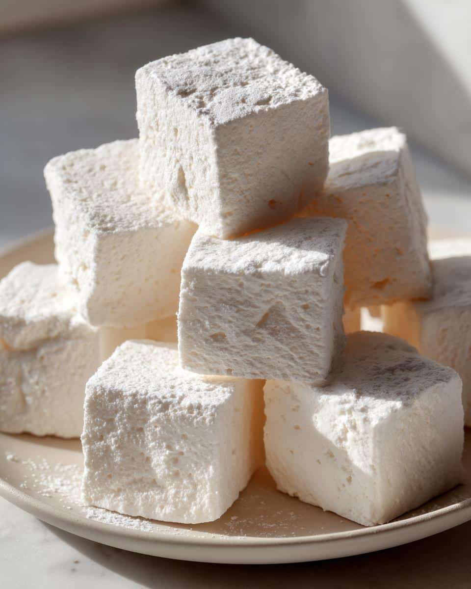A stack of fluffy, white, powdered cubes, resembling marshmallows, which are part of a recipe for Frozen Applesauce Dog Treats.