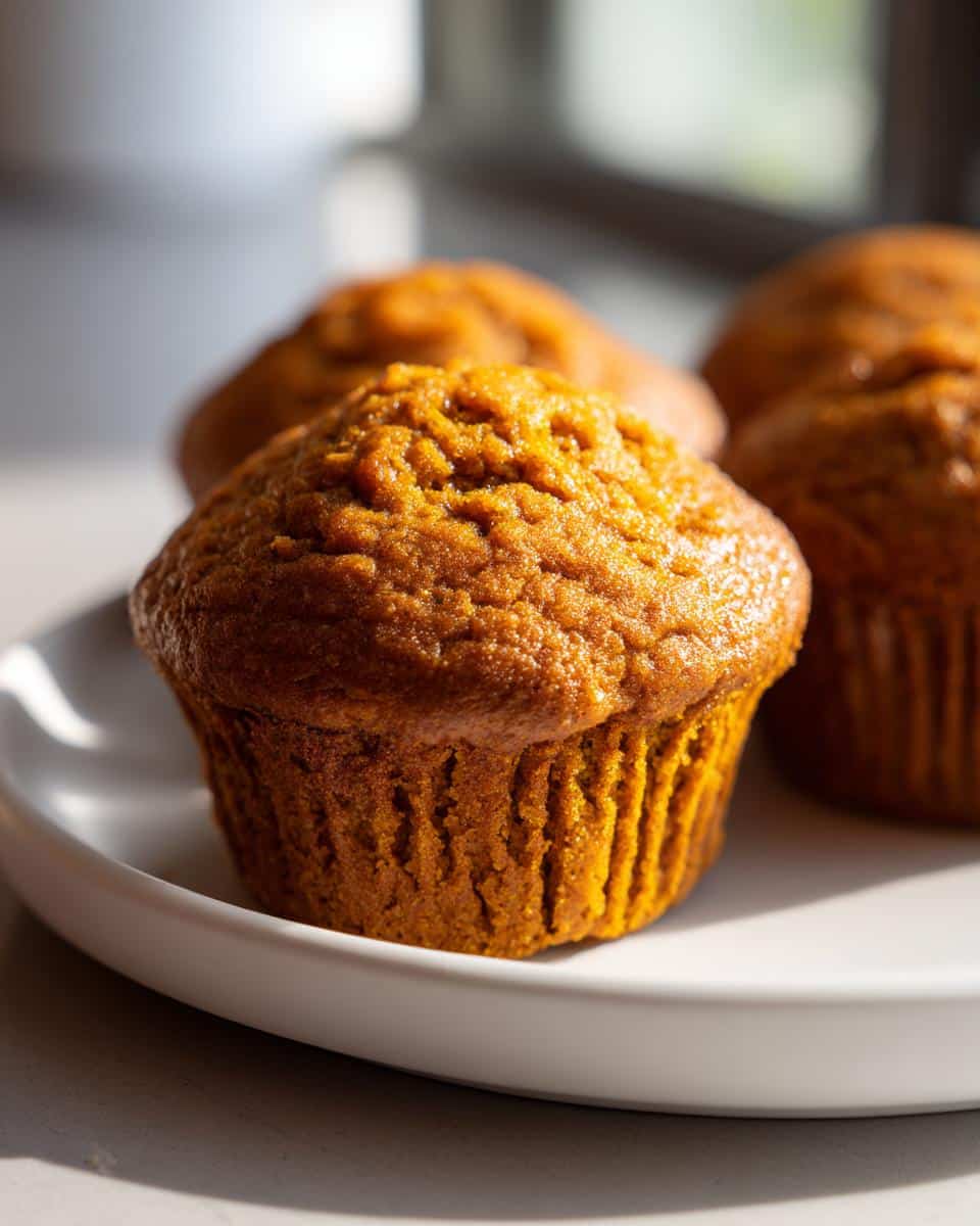 A close-up of a freshly baked, golden-brown pumpkin yums muffin sitting on a white plate.