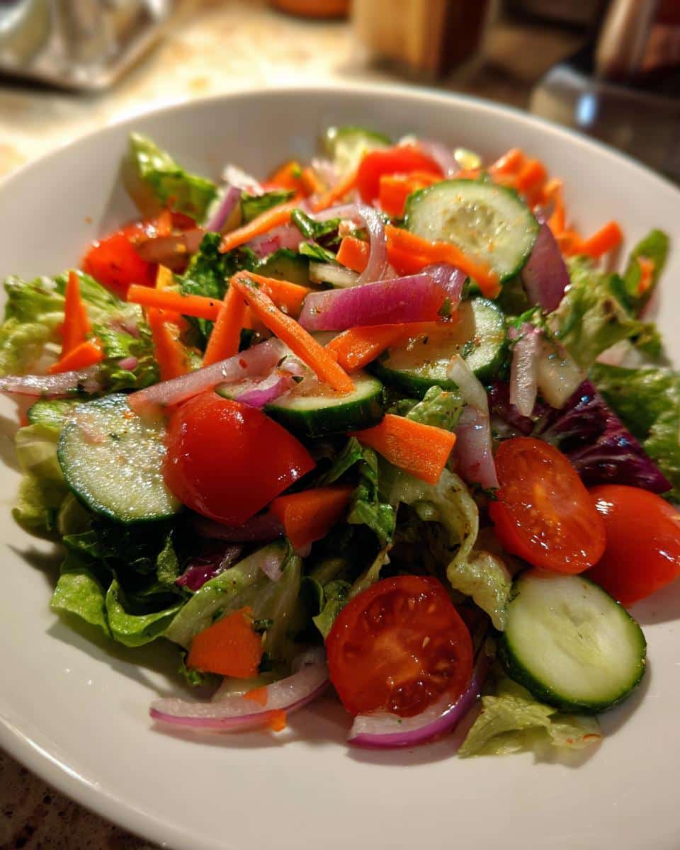 A vibrant bowl of fresh salad featuring lettuce, sliced cucumbers, cherry tomatoes, carrots, and red onion, perfect for Copycat of The Farmer’s.