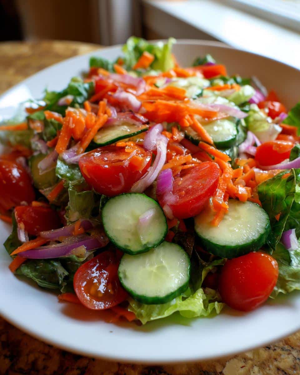 Close-up of a fresh garden salad with lettuce, cucumbers, tomatoes, carrots, and red onion, mimicking Copycat of The Farmer’s.