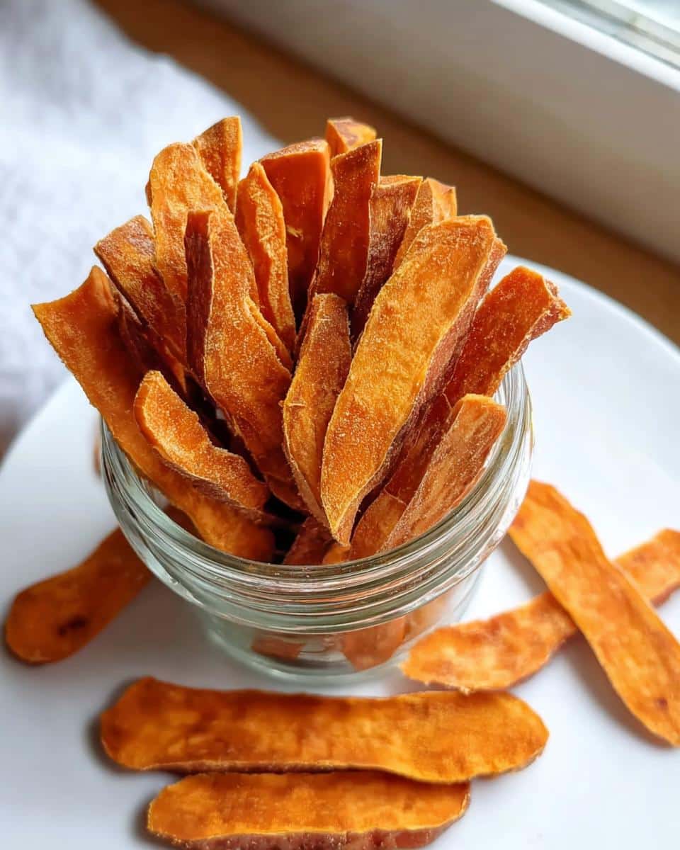 A glass jar filled with dehydrated, bright orange Fresh Sweet Potato Chews For Dogs, displayed on a white plate.
