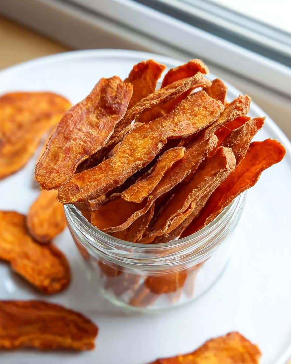 A glass jar filled with dried, orange Fresh Sweet Potato Chews For Dogs, sitting on a white plate.