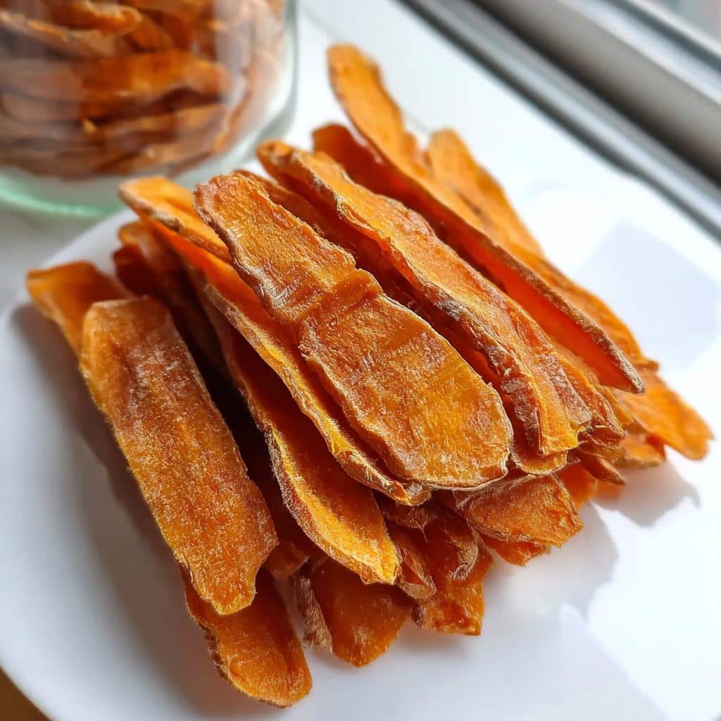 Close-up of dried, orange strips of Fresh Sweet Potato Chews For Dogs piled on a white plate.