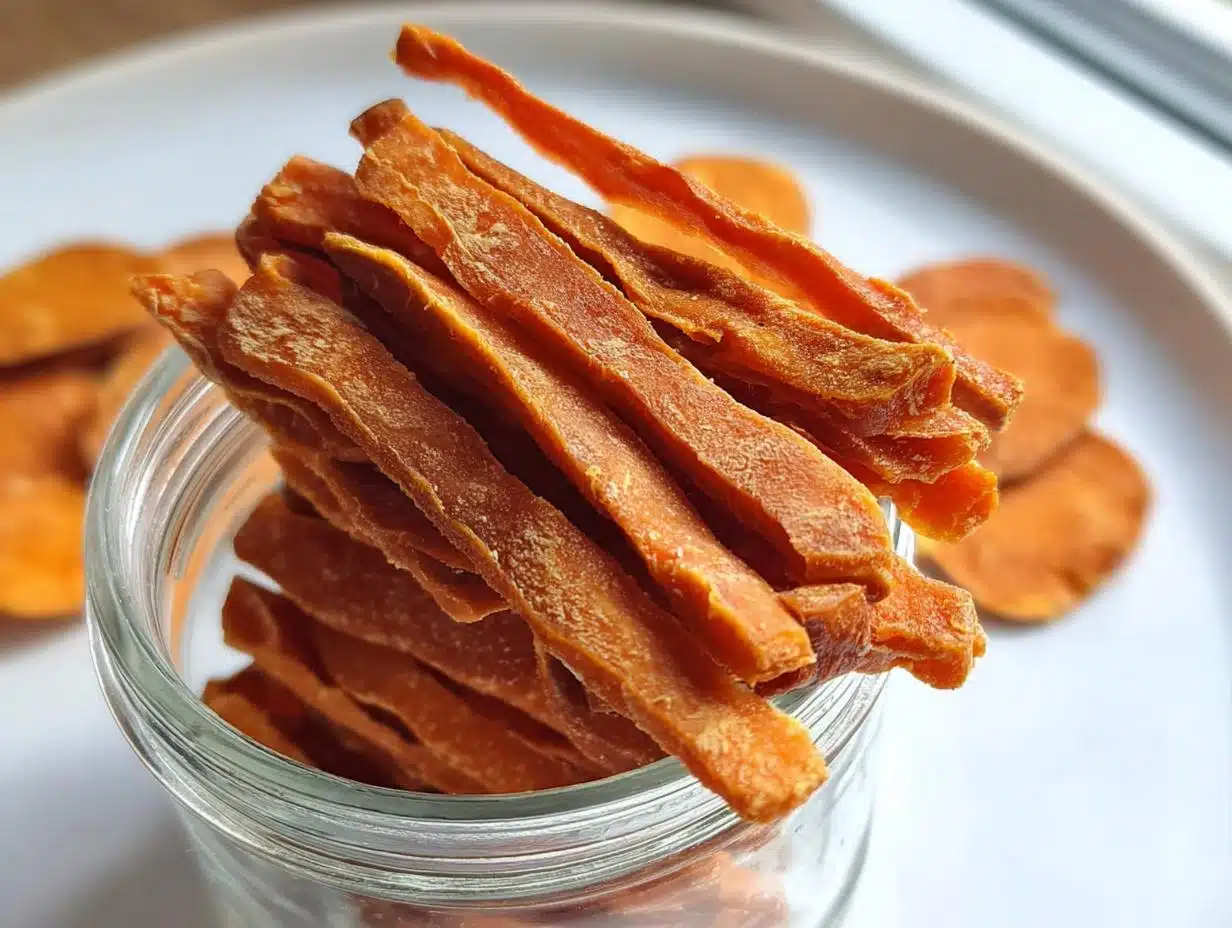 A close-up of dehydrated, stick-shaped Fresh Sweet Potato Chews For Dogs stacked in a small glass jar.