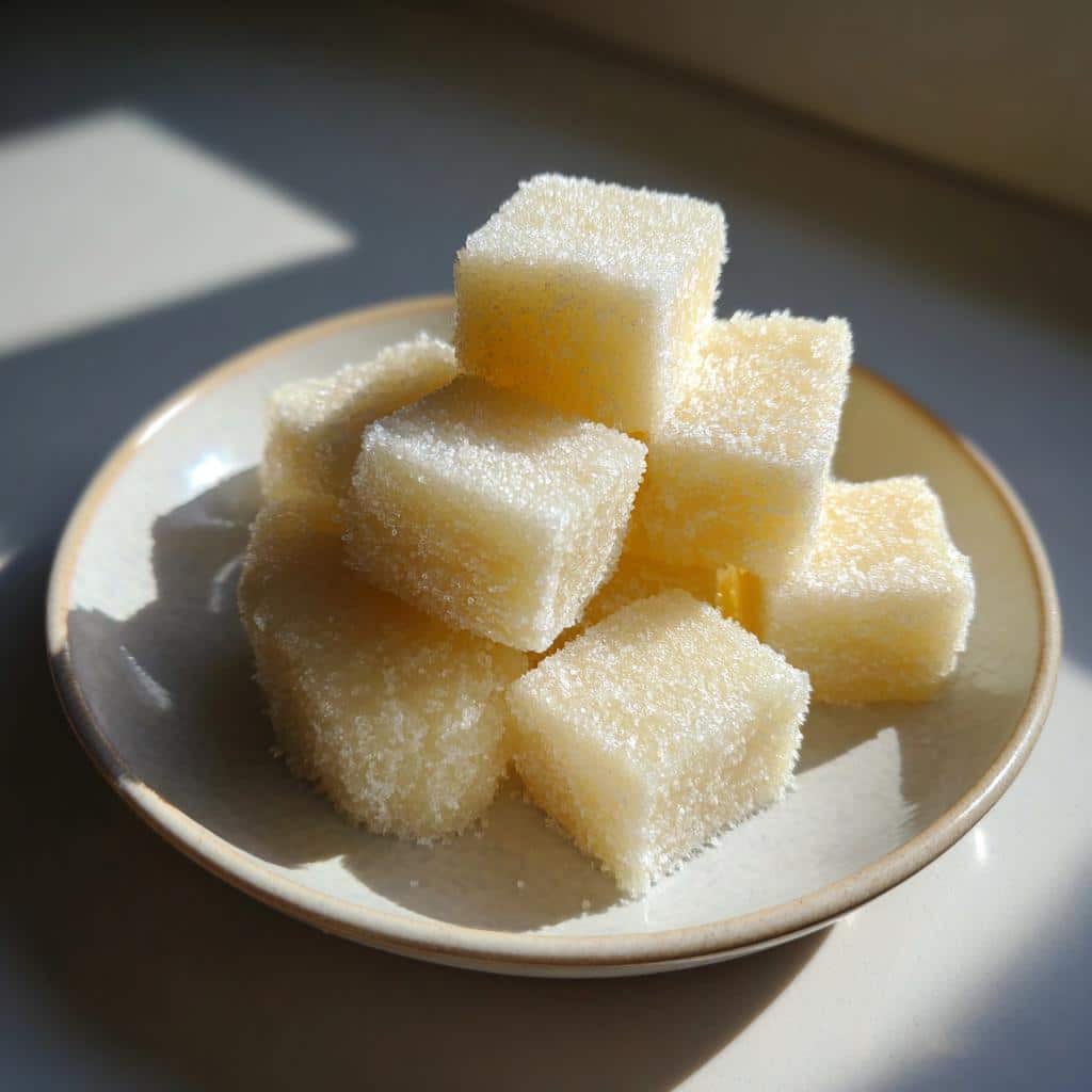 Stack of light yellow, sugar-coated, square Frozen Applesauce Dog Treats on a small plate.