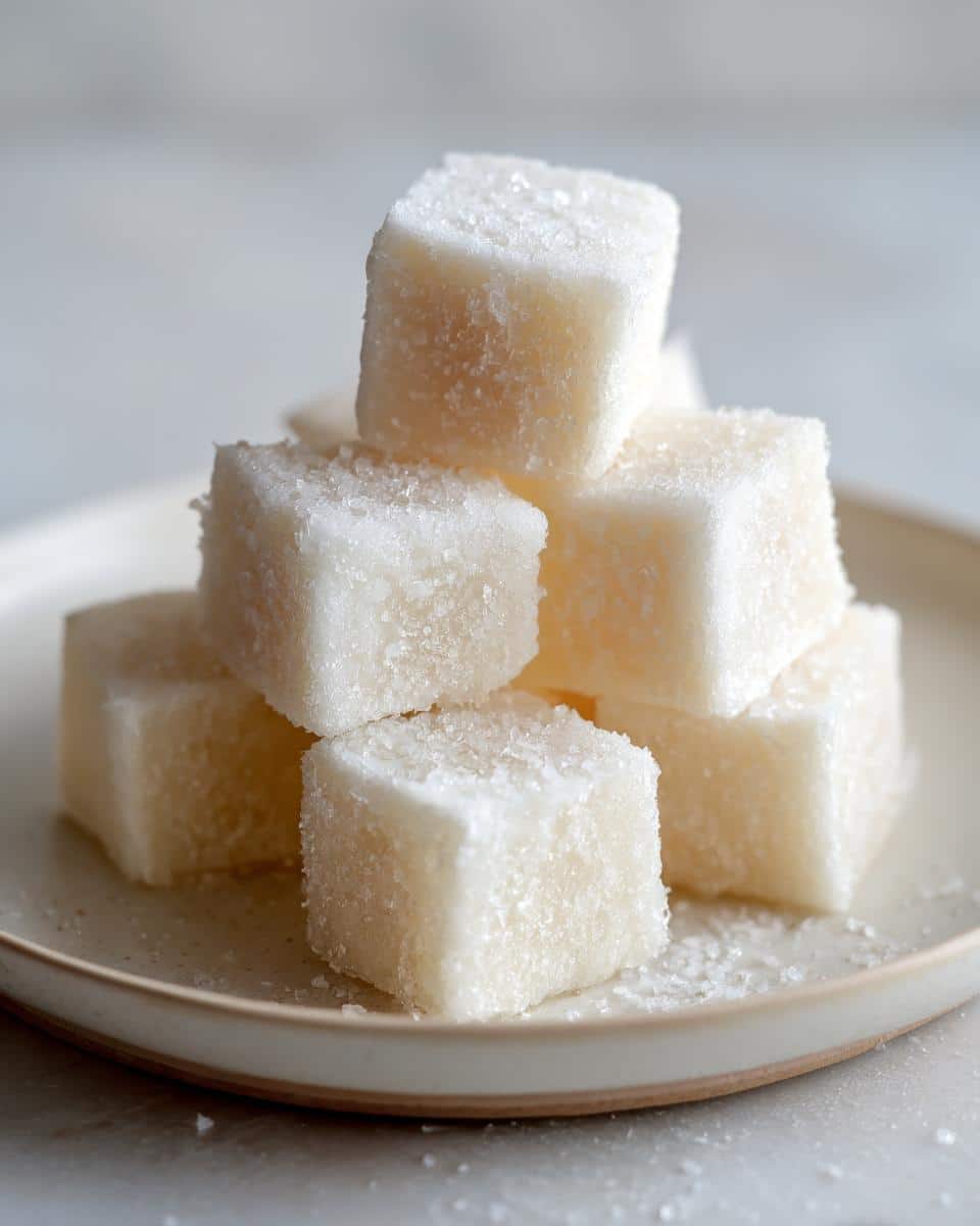 A stack of light-colored, sugar-dusted, cube-shaped Frozen Applesauce Dog Treats on a small plate.
