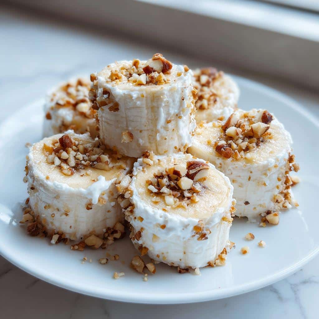 Five stacked Frozen Banana & Yogurt bites coated in yogurt and topped with chopped nuts.