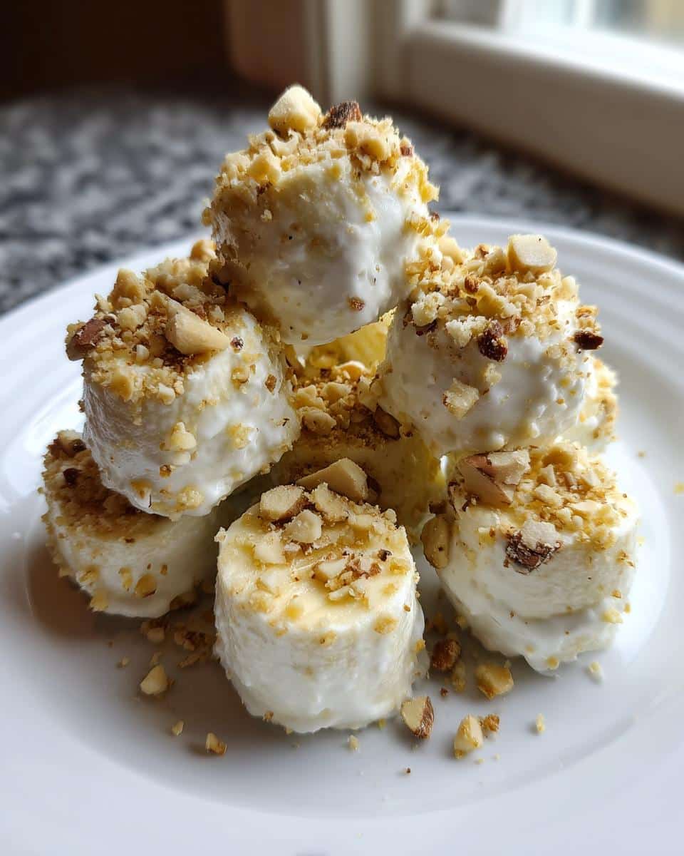Stack of frozen banana and yogurt bites coated in yogurt and topped with chopped nuts.