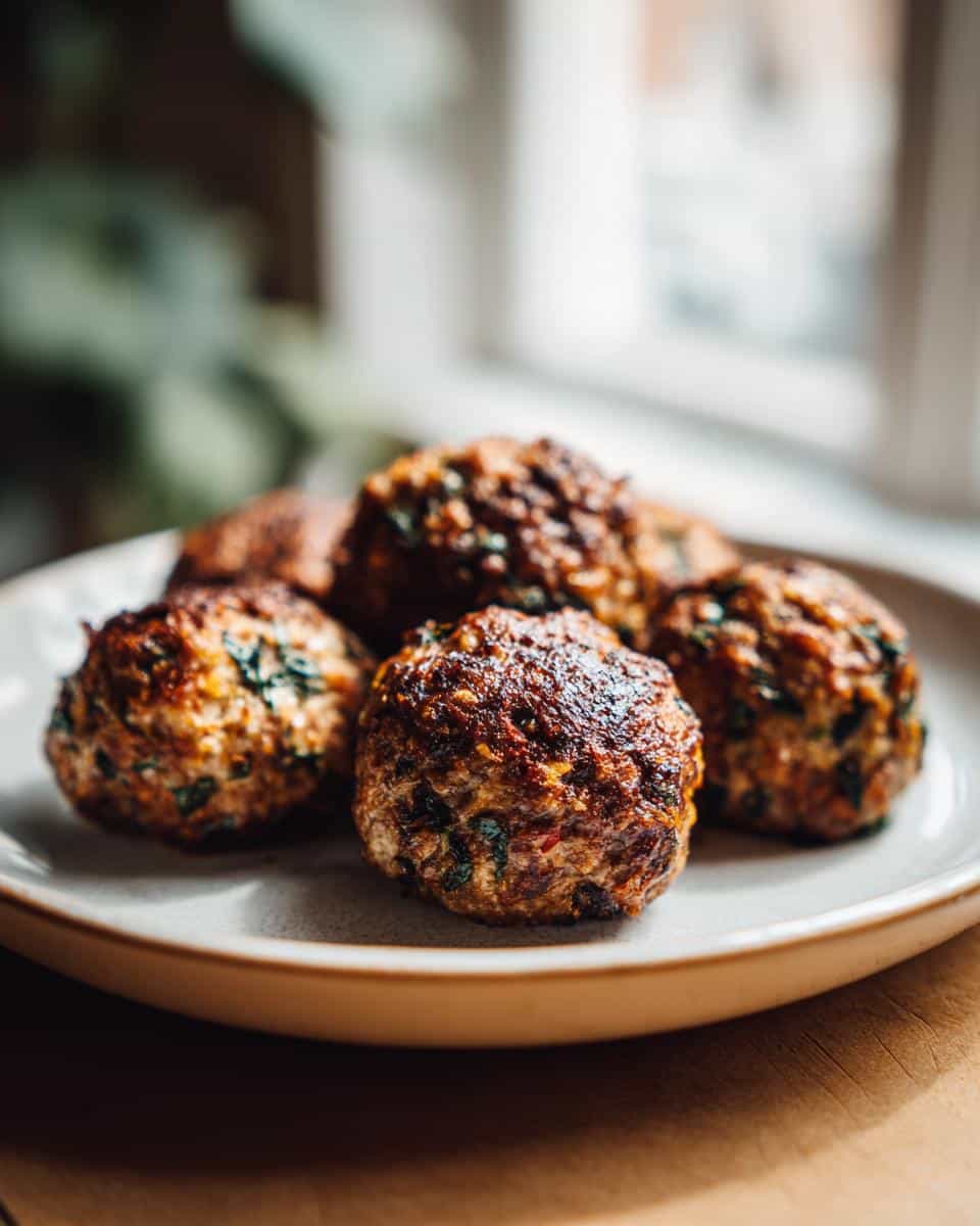 A close-up of several browned Frozen Beef, Lentil & Spinach Meatballs served on a light ceramic plate.