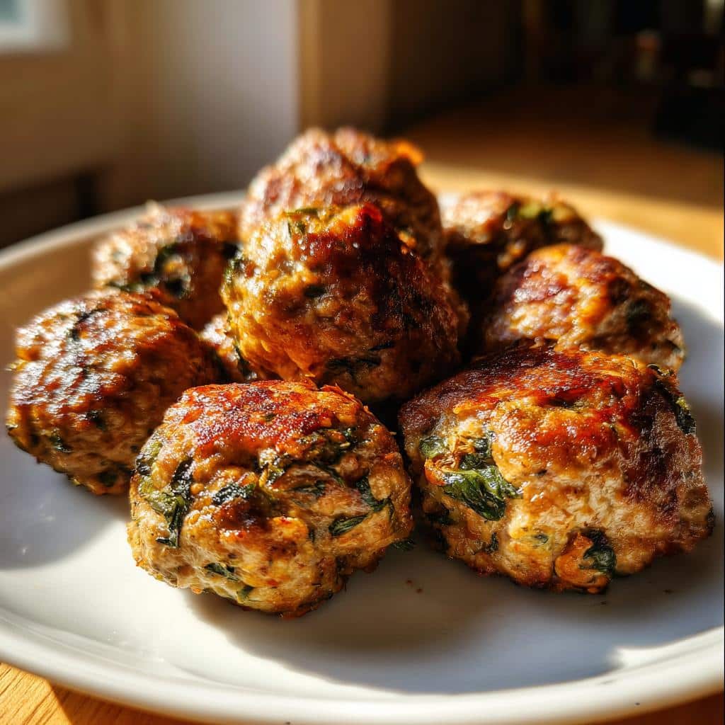 A close-up of several browned Frozen Beef, Lentil & Spinach Meatballs piled on a white plate.